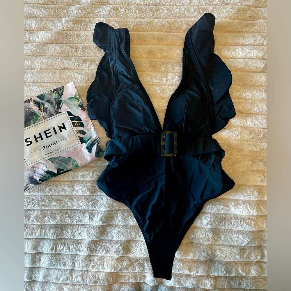 SHEIN Black Ruffled One-Piece Swimsuit with Buckle Belt New In Bag